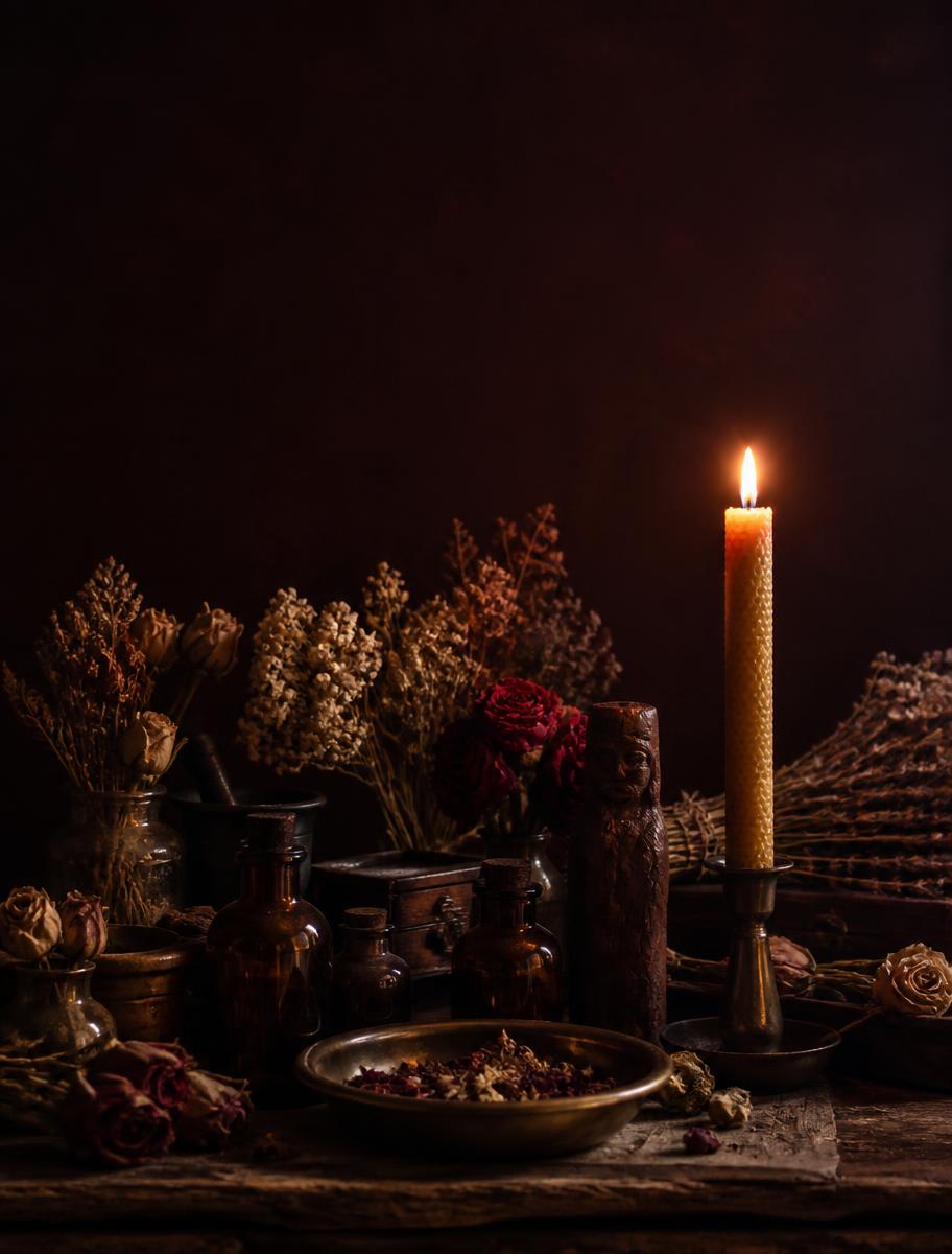 Candlelit Red Clay altar with amber bottles and dried flowers